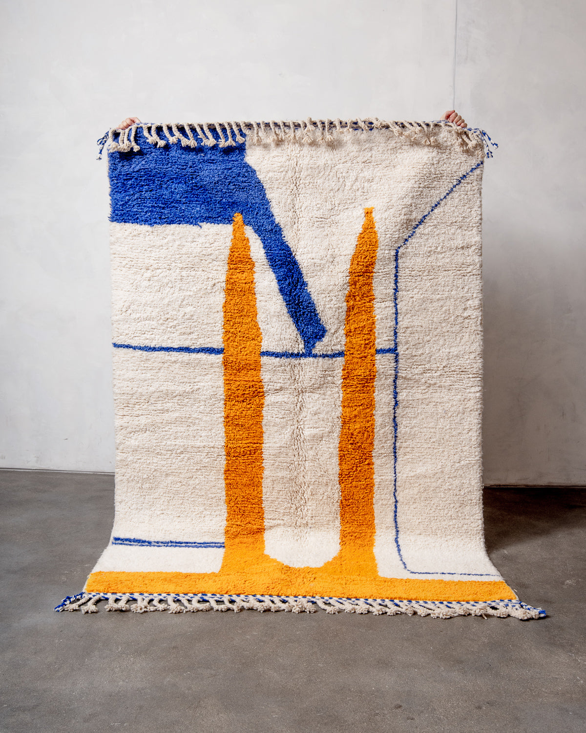 Modern, designer, handcrafted Berber rug from Morocco. Beniourain carpet with beautiful colours and patterns and fluffy wool texture.